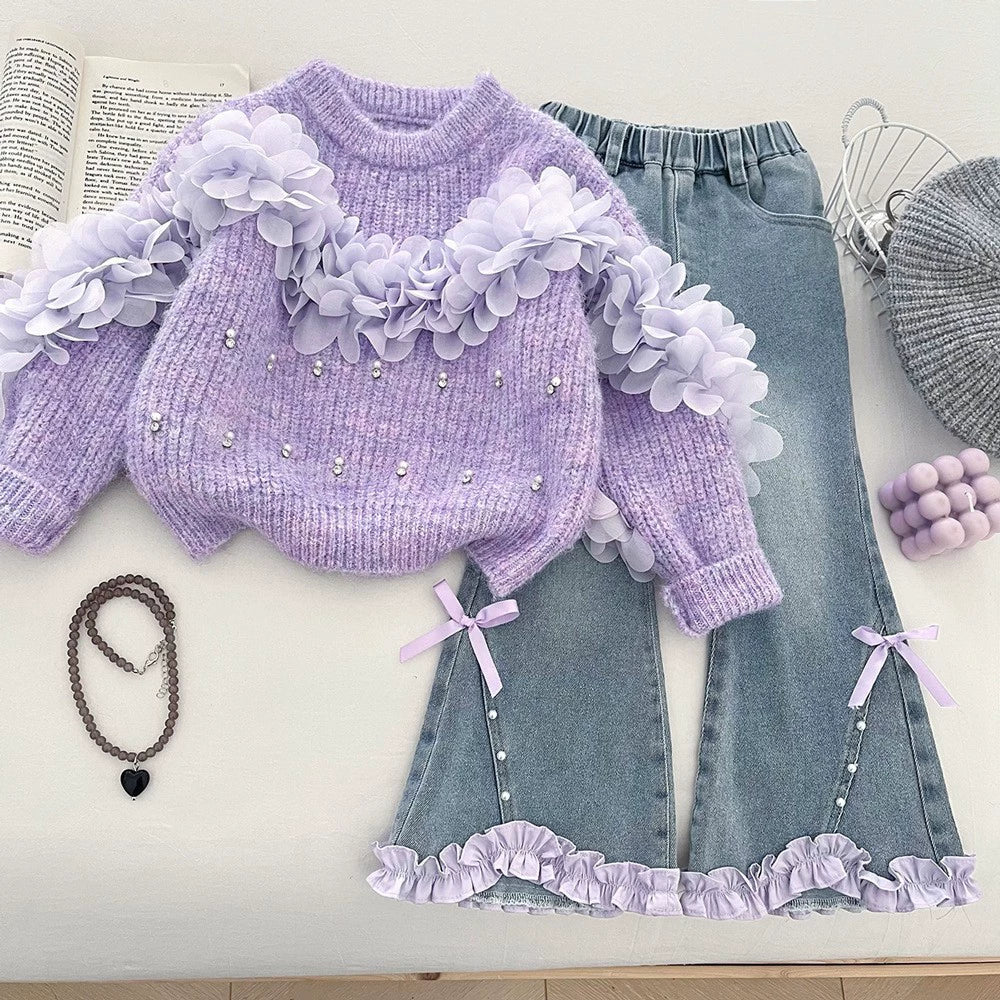 Korean Style Girls' Sweater Set Autumn 2026 Three-Dimensional Floral Knit Sweater and Flared Jeans Two-Piece Trendy Set