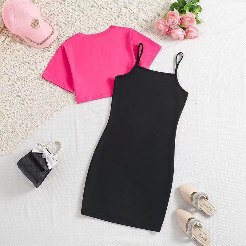 Fashion Kids Summer New Girls' Fashion Western-style Letter Printed Slip Skirt Short-sleeved Short Top