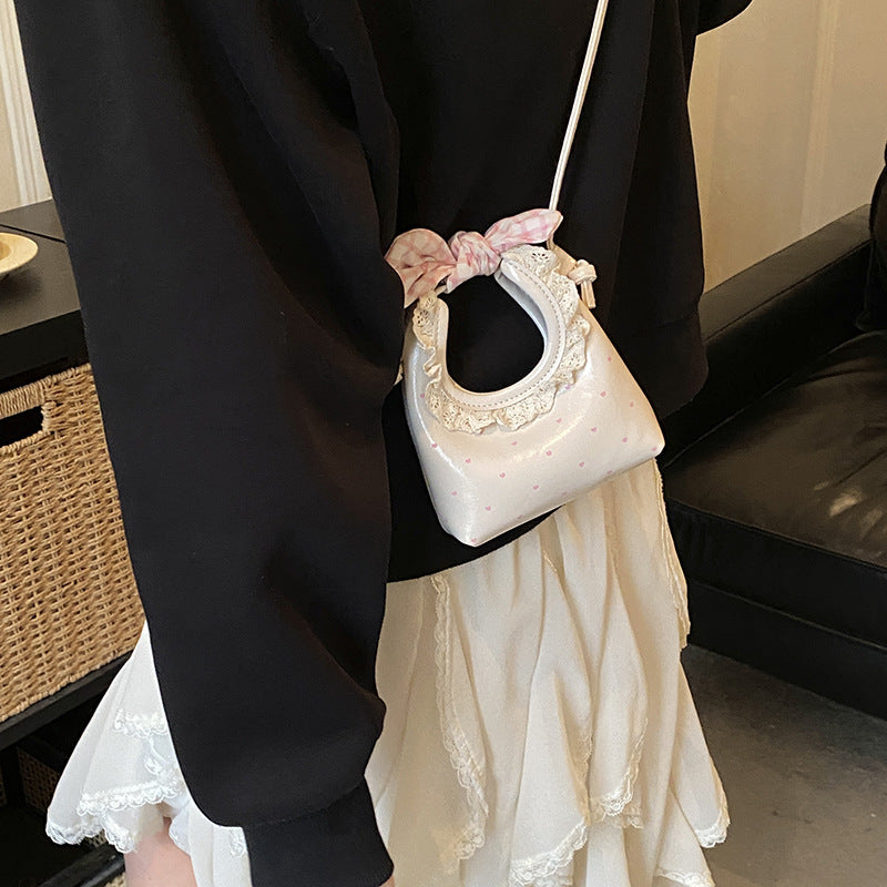 Cross-Border Children's Bag New Style Girls' Bow Lace Handbag Printed Polka Dot Half-Moon Girls' Parent-Child Crossbody Bag