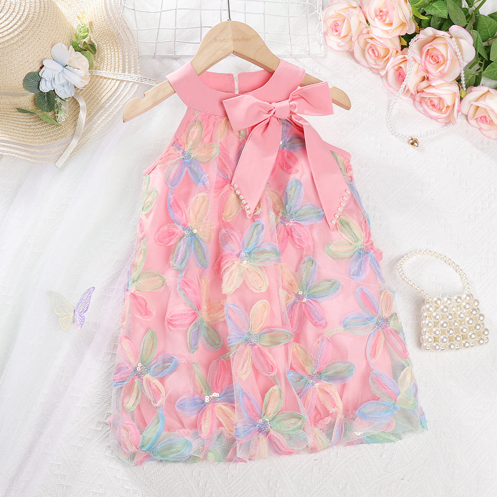 2026 New Summer Style Girls' Korean-Style Three-Dimensional Petal Patchwork Ultra-Fairy Large Bow Pearl Stylish Dress