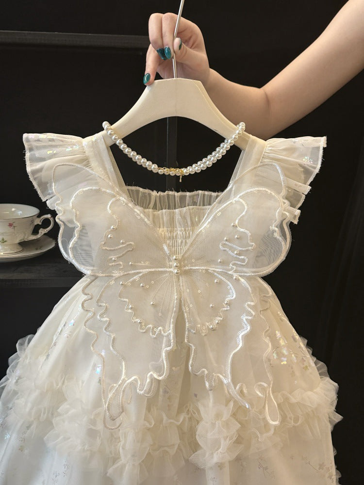 Girls' Princess Dress Summer 2026 New Style Beautiful and Stylish White Dress for Girls with Butterfly Wings