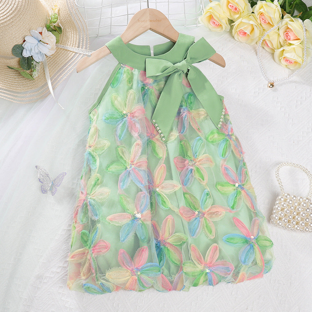 2026 New Summer Style Girls' Korean-Style Three-Dimensional Petal Patchwork Ultra-Fairy Large Bow Pearl Stylish Dress