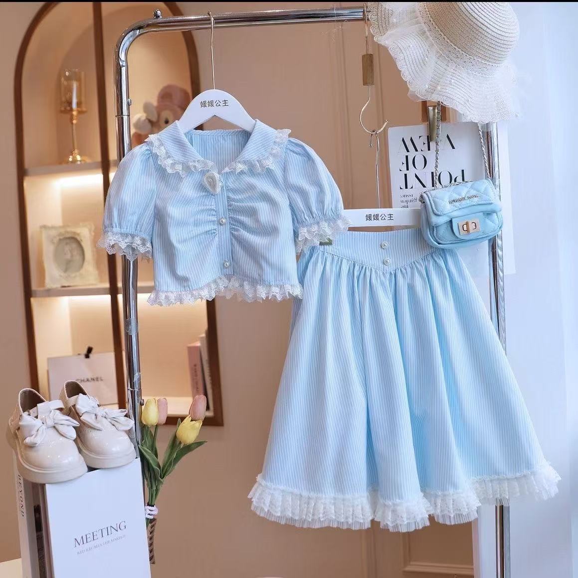 Girls' Summer 2026 French Oil Painting Style Lace-Trimmed Doll Collar Top and Long Skirt Two-Piece Set