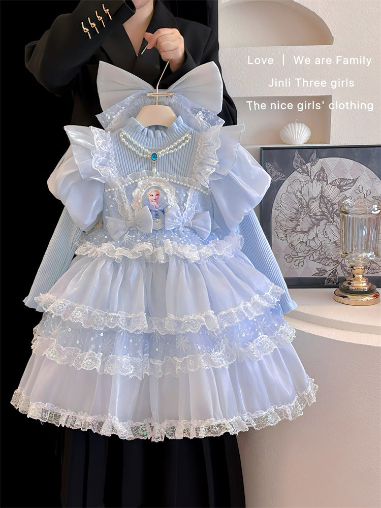 Frozen Elsa Princess Dress Girls' 2026 Autumn and Winter Korean Style Children's Sweater Dress Cake Mesh Skirt