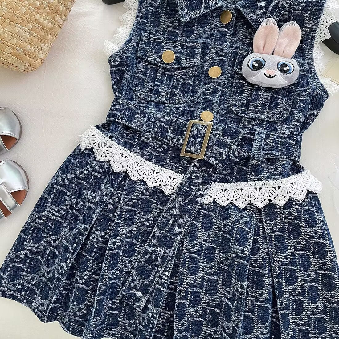 Girl's Denim Dress 2025 Summer New Lace Lapel Vessel Dress Girl's Korean Style Skirt