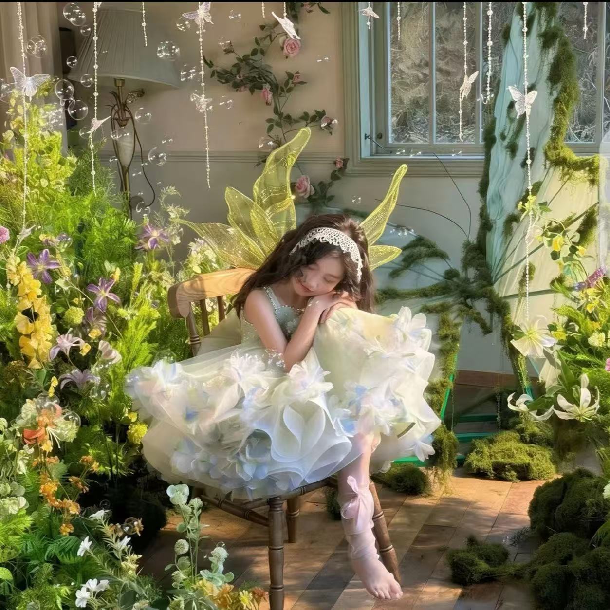 Girls' Floral Princess Dress, Summer Style, Super Fairy Green Fairyland Dress, Birthday Dress, Lolita Tutu Dress