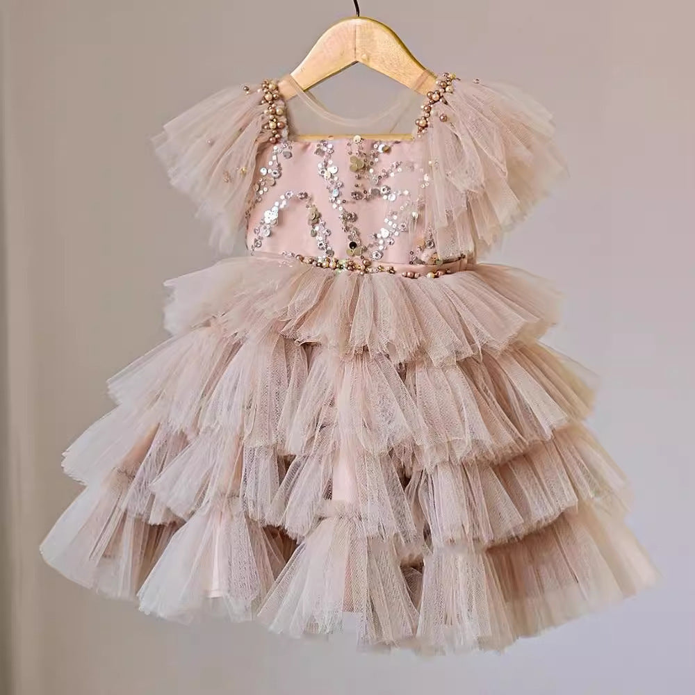 Girls' Dress 2026 New Style Sequined Layered Bow Children's Dress Puffy Mesh Princess Dress Catwalk Performance Outfit