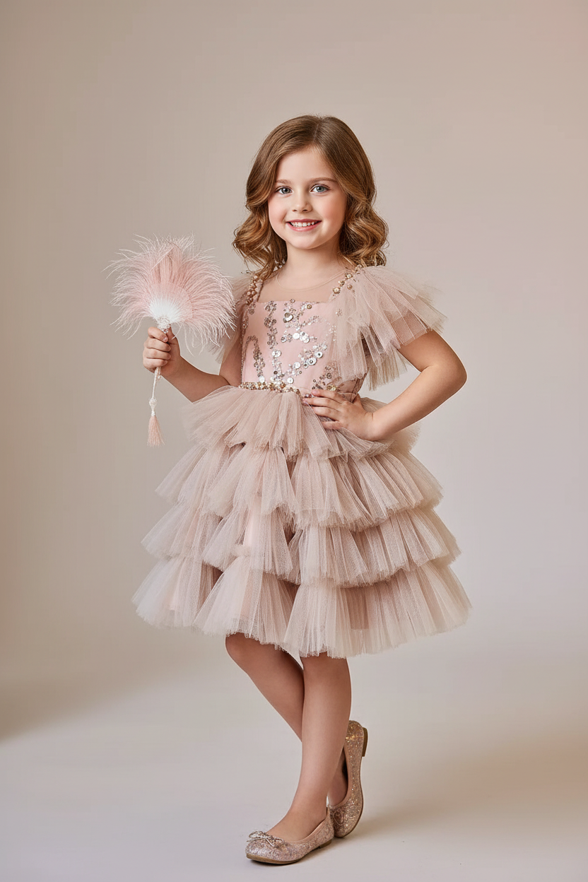 Girls' Sequined Bow Puffy Mesh Princess Dress — Layered Catwalk Performance Dress for Kids