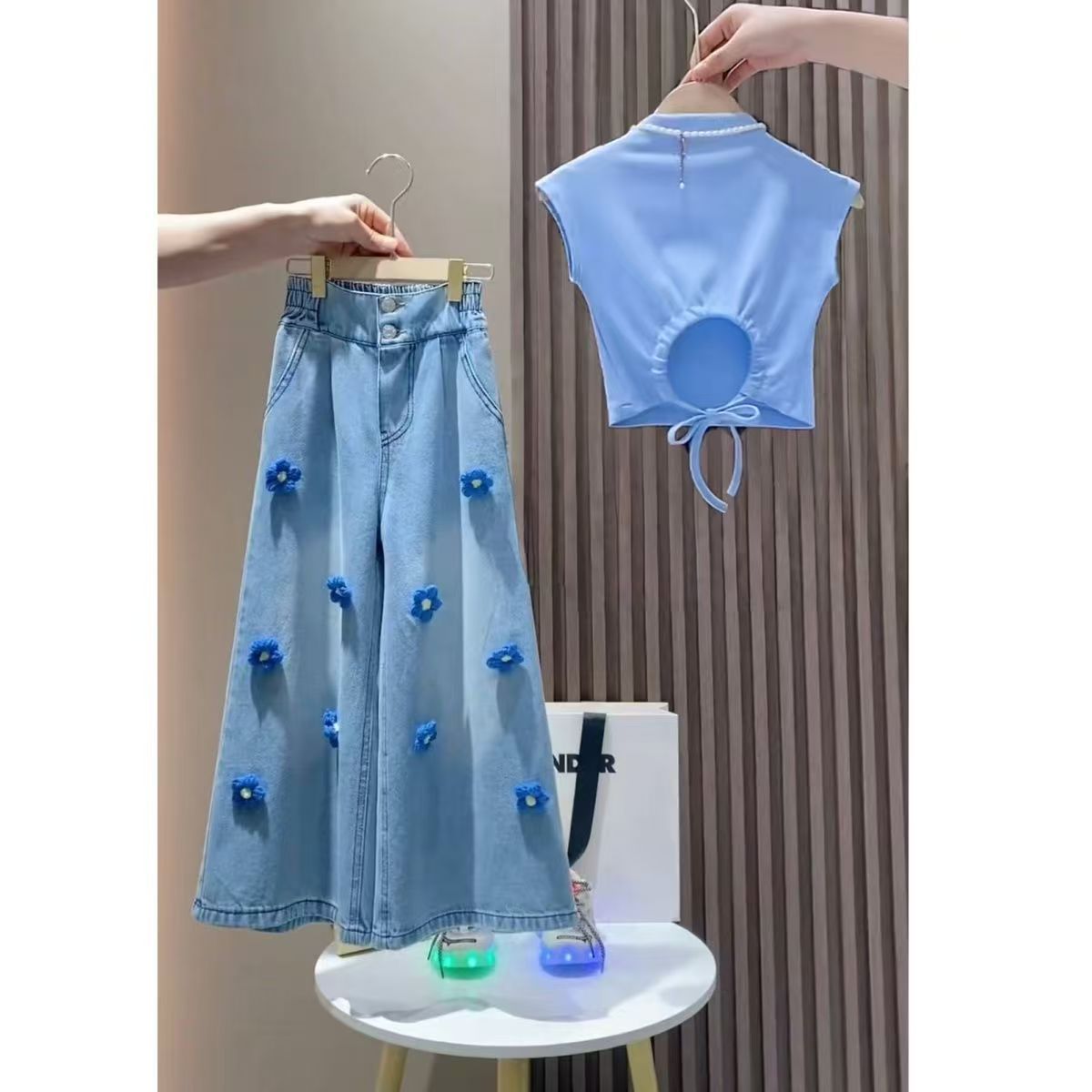 Girls' Summer Outfit 2026 New Trendy Children's Fashionable Waist-Exposing Clothing Set for Older Kids Denim Wide-Leg Pants Two-Piece Set
