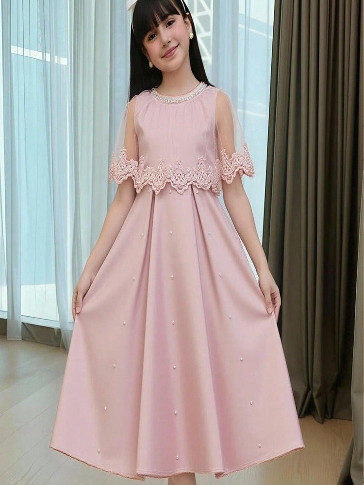 Girls' Soft Pink Lace Beaded Mesh Dress with Small Flying Sleeves and Waist-Cinching Princess Dress