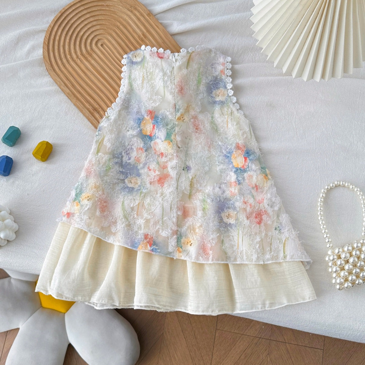 Summer Girls' Dress with Lace Trim, Sleeveless Floral Tank Top Dress, Little Girl's Holiday Style Princess Dress, Cross-Border