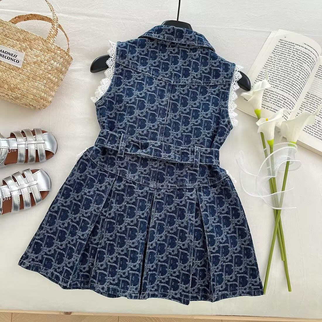 Girl's Denim Dress 2025 Summer New Lace Lapel Vessel Dress Girl's Korean Style Skirt