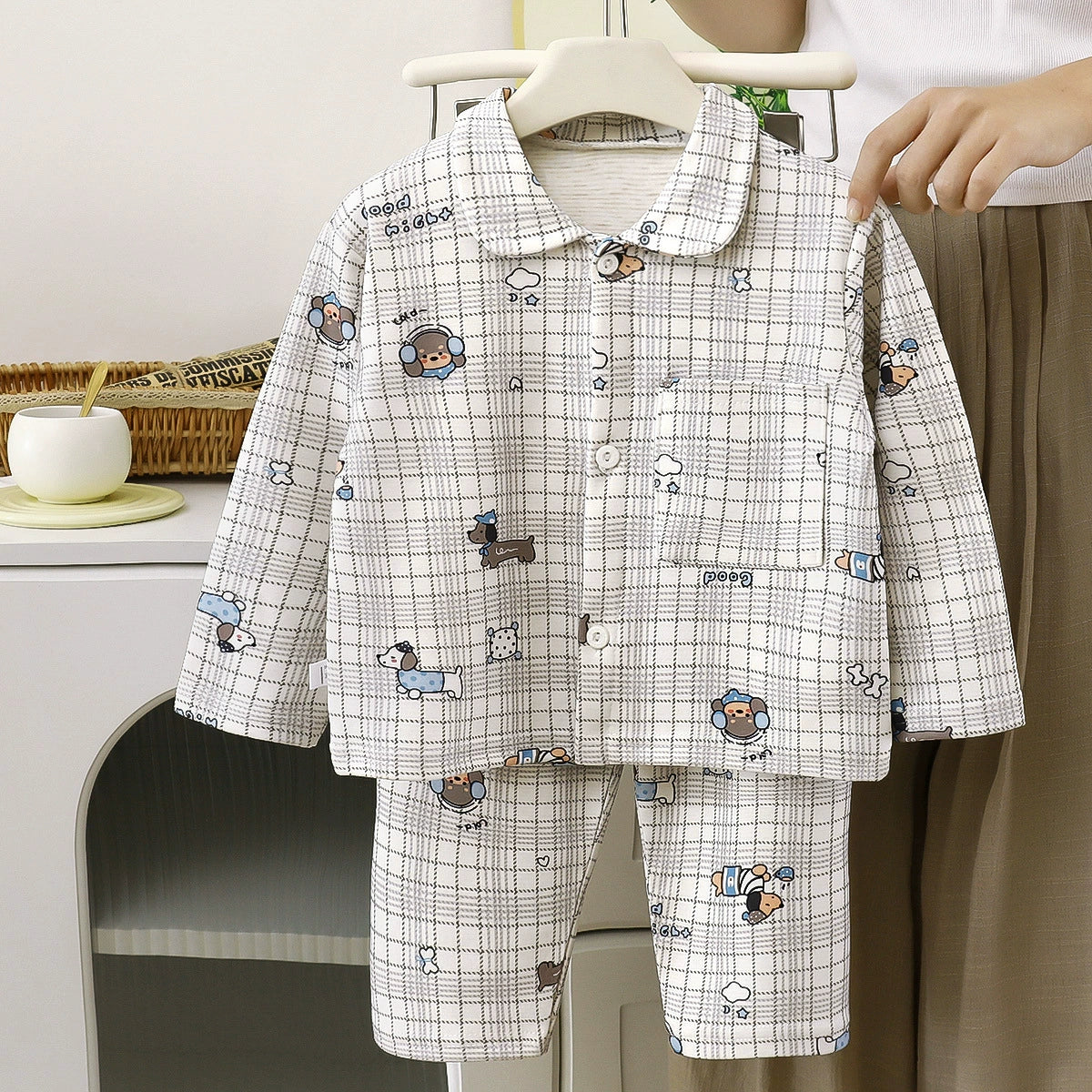Children's Autumn and Winter Pajamas, Boys' and Girls' Wool and Silk Home Wear Set, Toddler's Turn-down Collar Cardigan Two-piece Set