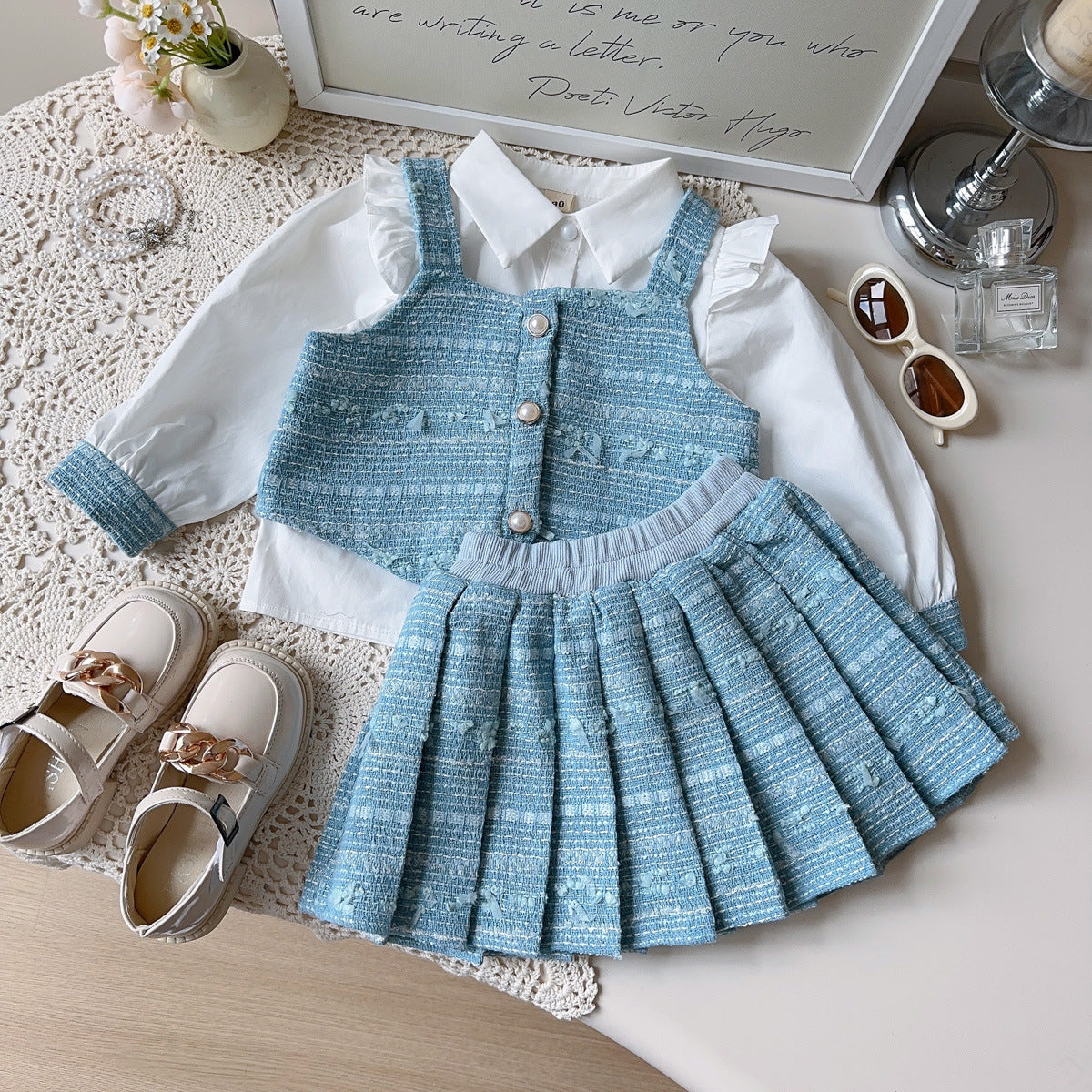 Spring and Autumn Girls' Outfit New Style Long-Sleeve Collared Shirt, Vest, Pleated Skirt Little Girl's Chanel-Style Three-Piece Set Cross-Border