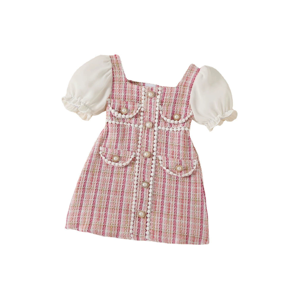Baoxi children's clothing summer hot Chanel style chunky plaid pearl buckle decorative stitching puff sleeve girl dress