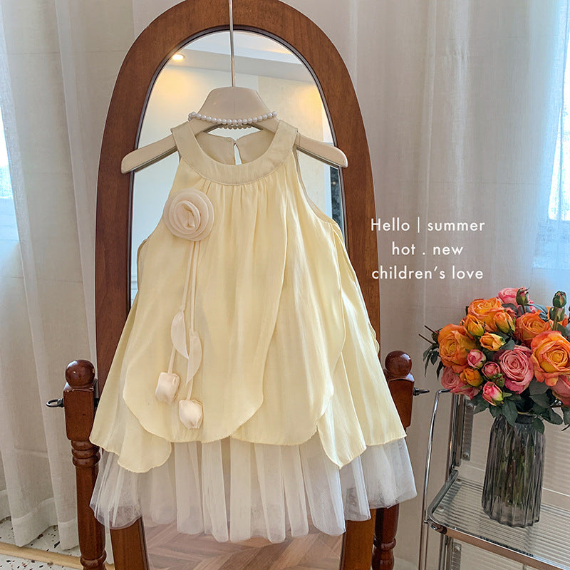 Blue Town 2026 New Summer Stylish Halter Neck Princess Dress Floral Mesh Dress Little Girl Tank Top Dress