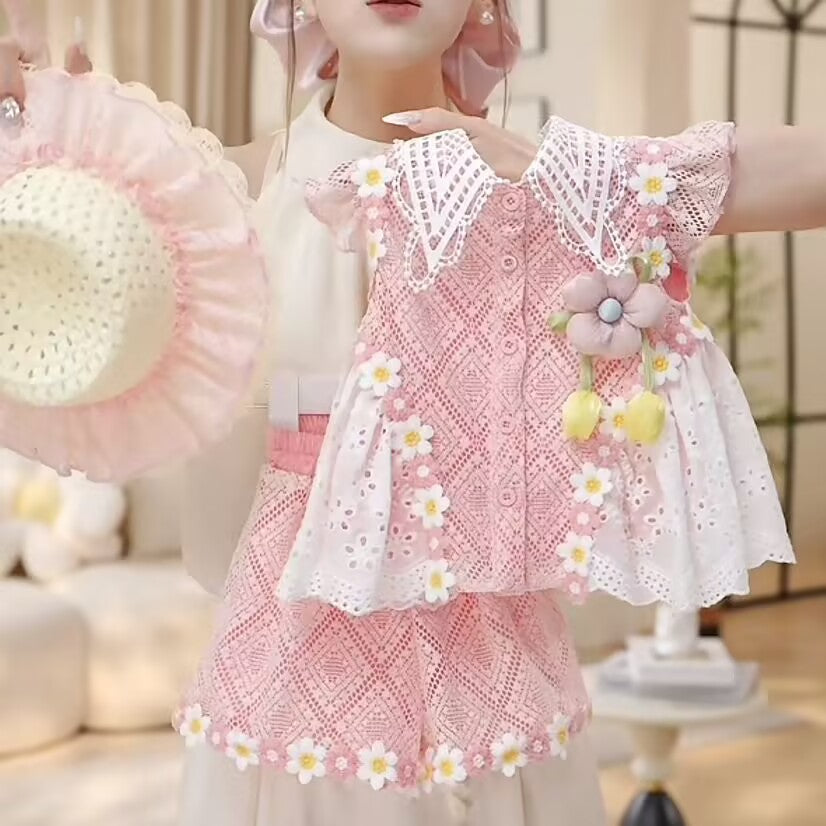 2026 New Summer Style Girls' Korean-Style High-End Pink Lace Collar Sleeveless Top and Shorts Set Two-Piece Set