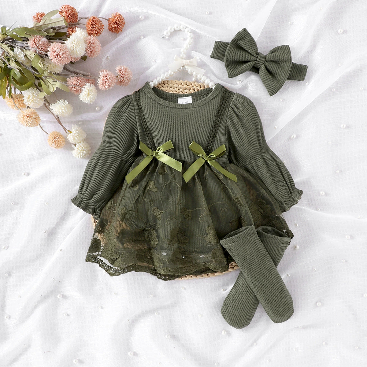 Amazon Foreign Trade Baby and Children's Clothing European and American Style Spring and Autumn Long-Sleeve Mesh Patchwork Romper + Foot Socks + Headband