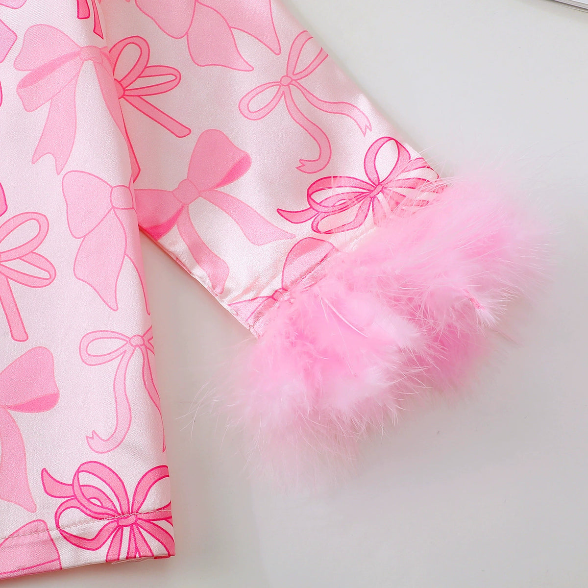 Children's Bow-Knot Pajama Set, Sweet and Casual Long-Sleeved Christmas Printed Fringed Home Wear, Cute Style