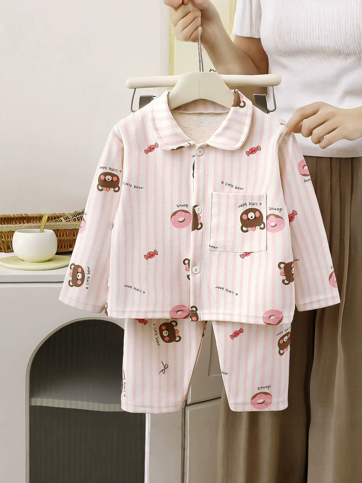 Children's Autumn and Winter Pajamas, Boys' and Girls' Wool and Silk Home Wear Set, Toddler's Turn-down Collar Cardigan Two-piece Set