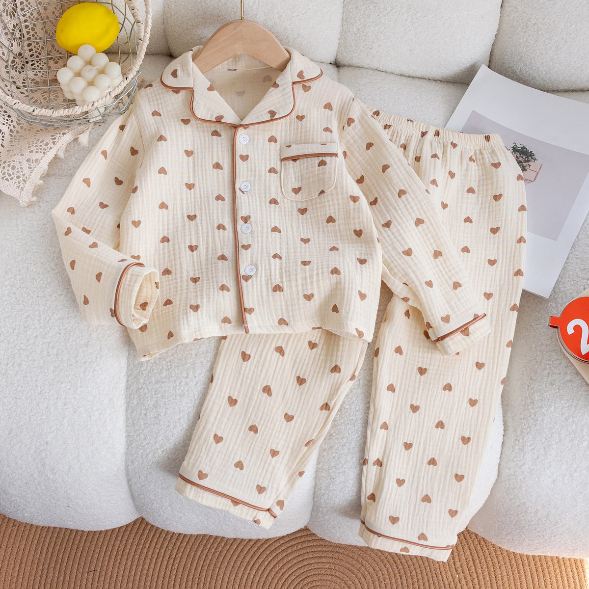 Children's Pajamas Class a Pure Cotton Printed Long-Sleeved Cardigan Lapel Set Cartoon Printed Pajamas Cute Kidsren's Clothing Set