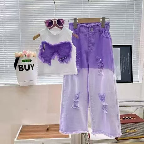 Ancorelala Girls Summer Suit 2026 Children's Sleeveless Ripped Jeans Two-Piece Set Medium and Large Clothes