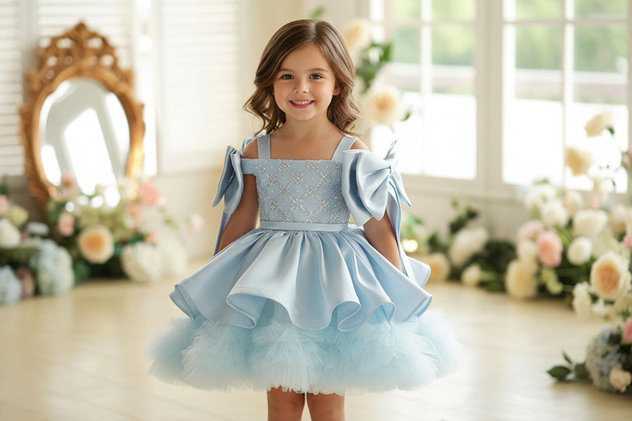 Girls' Light Blue Princess Evening Dress — Birthday, Piano Performance & First Birthday Gown for Kids