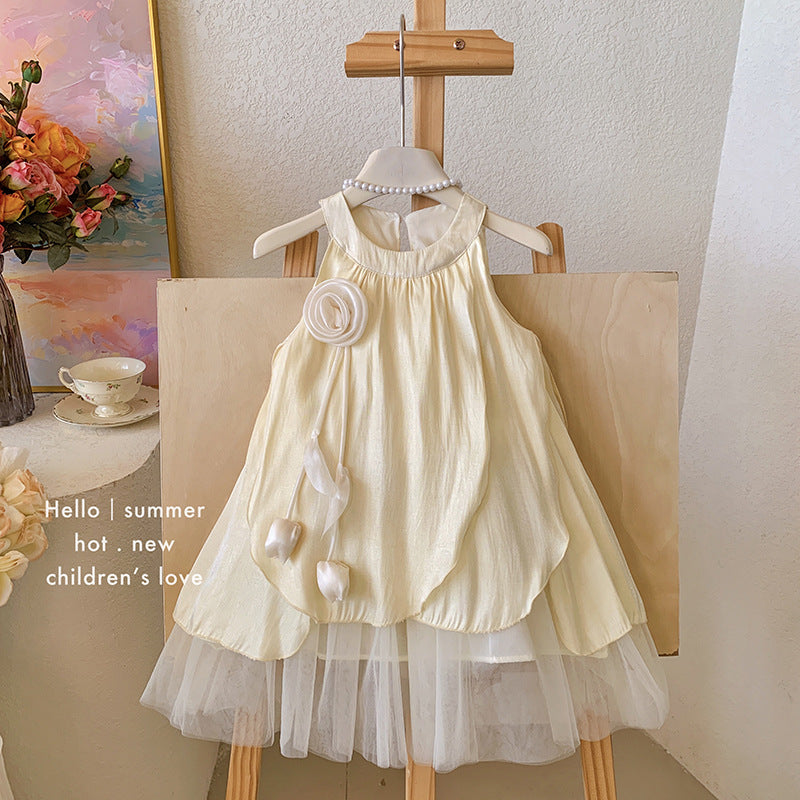 Girls' Dress 2026 New Summer Stylish Halter Neck Princess Dress Floral Mesh Dress Little Girl Tank Dress