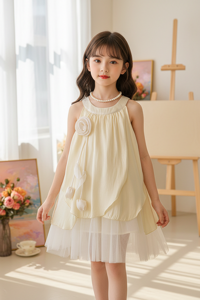 Girls' Dress 2026 New Summer Stylish Halter Neck Princess Dress Floral Mesh Dress Little Girl Tank Dress