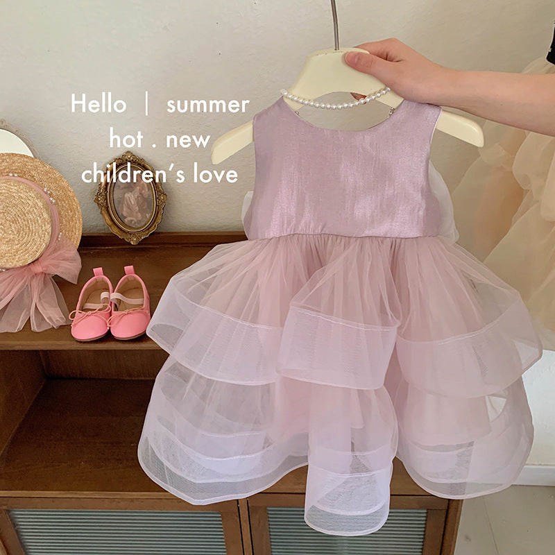 Enchanted Summer Dreams: Girls' Mesh Patchwork Suspender Dress - Disney-Inspired Korean Style