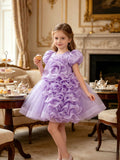Girls' 3D Floral Puff-Sleeve Princess Party Dress