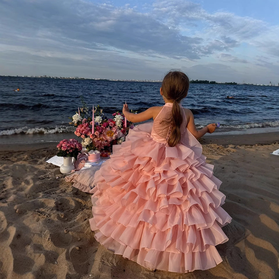 Halter Neck Sweet Cake Dress 2026 Spring New Style Light Pink Fashionable Sleeveless Children's Runway Dress Factory Product