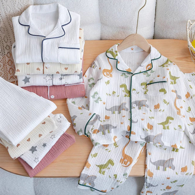 Children's Pajamas Class a Pure Cotton Printed Long-Sleeved Cardigan Lapel Set Cartoon Printed Pajamas Cute Kidsren's Clothing Set