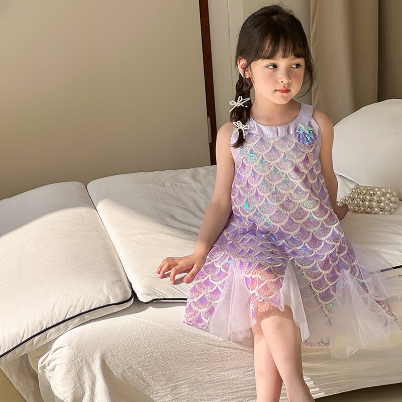 Orange Girl's Mermaid Princess Dress Summer 2026 New Style Baby Girl Strap Dress Performance Outfit