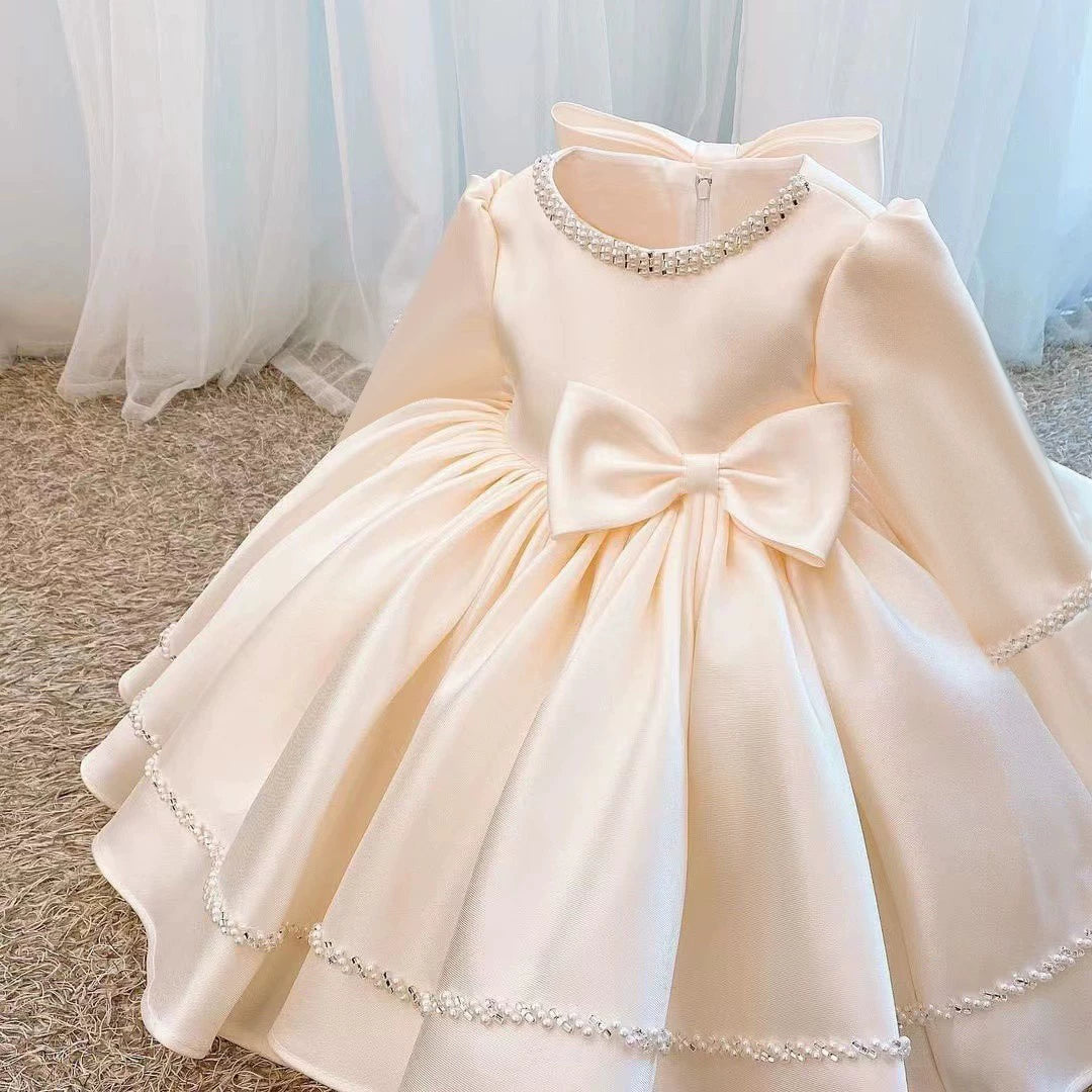 Factory Direct Sale In-Stock Champagne-Colored Satin Girls' Dress with Pearl Bow and Long Sleeves, Baby's First Birthday Princess Dress