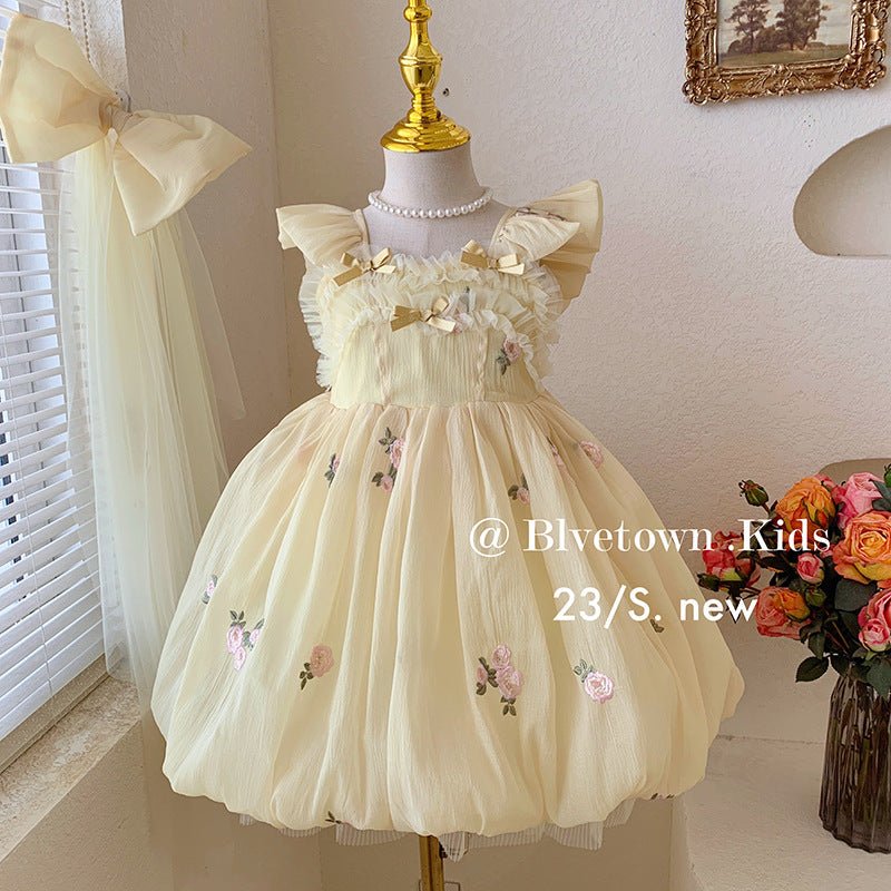 Disney-Inspired Girls' Summer Princess Mesh Dress with Large Bow - 2026 Fairy Suspender Skirt