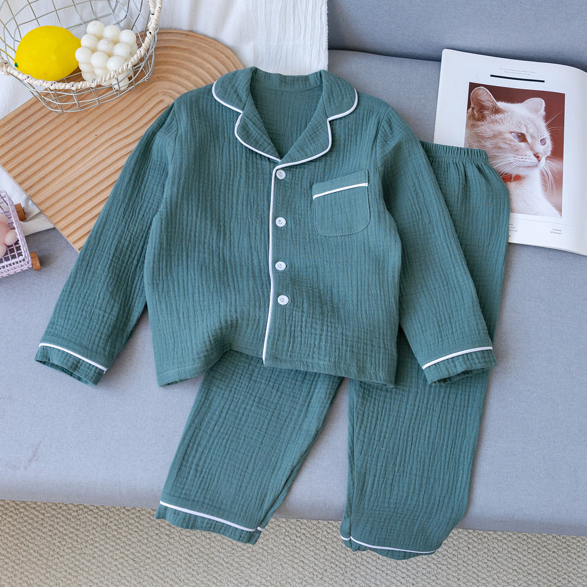 Children's Pajamas Class a Pure Cotton Printed Long-Sleeved Cardigan Lapel Set Cartoon Printed Pajamas Cute Kidsren's Clothing Set
