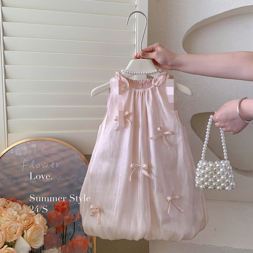 Disney-Inspired Girls' Summer Bow & Floral Princess Dress - Korean Style