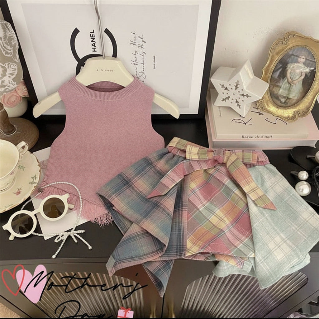 Lime Girl's suit Summer New Arrival Korean Style Tassel Vest Design Sense Plaid Culottes Two-Piece Set