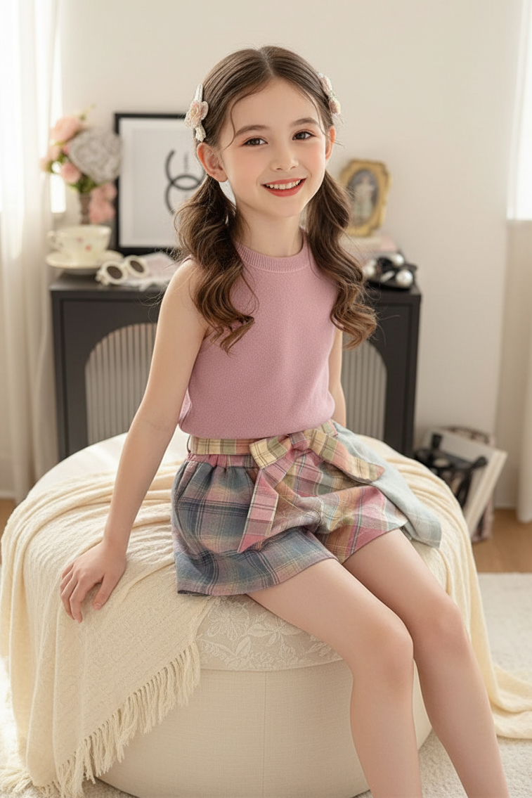 Girls' Korean Style Tassel Vest & Plaid Culottes Summer Set — Mix & Match Kids Outfit