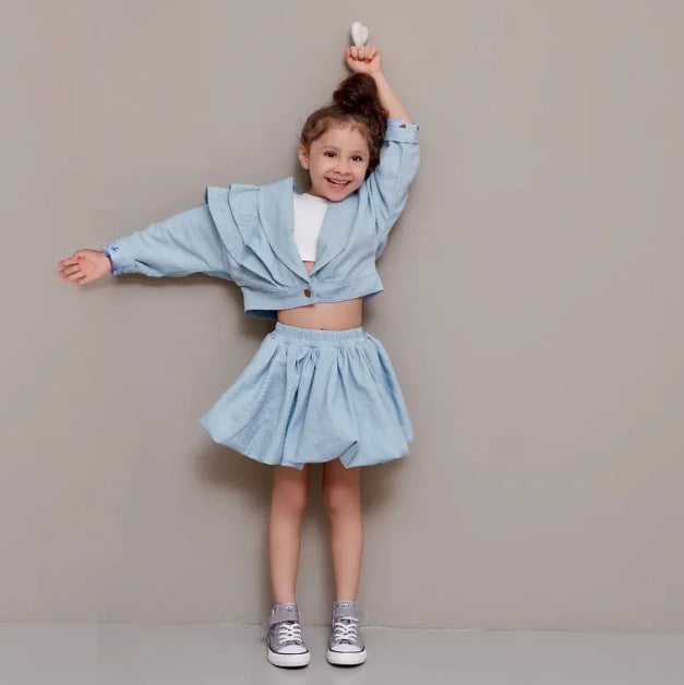 2025 Ins European and American Style Spring and Autumn Girls' Cotton One-Sided Lace Jacket + Petal Skirt Children's Two-Piece Set