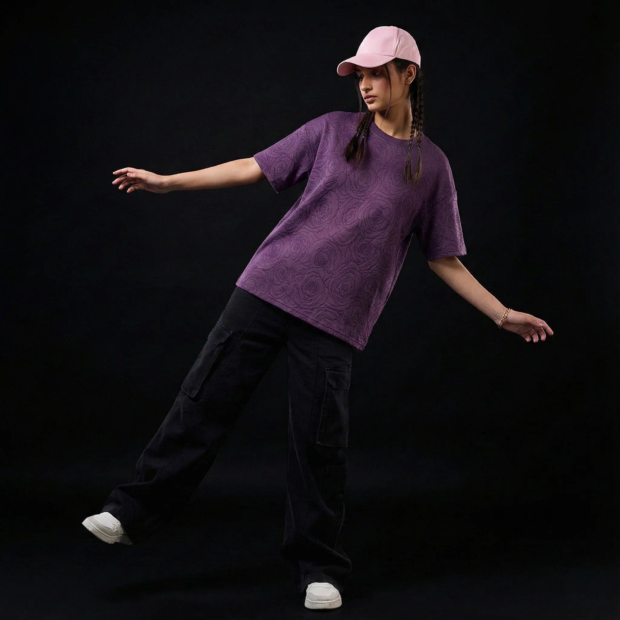 Rose Purple Embossed Drop Shoulder T-Shirt - styleflea