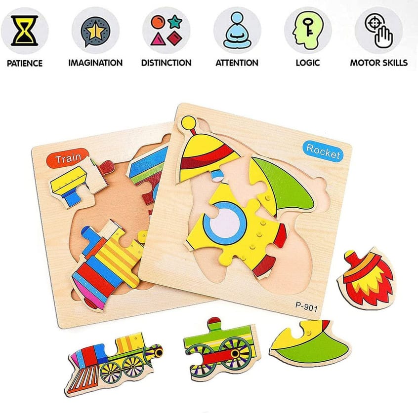 Wooden Jigsaw Puzzle Boards for Toddlers – Animals & Vehicles Set of 5