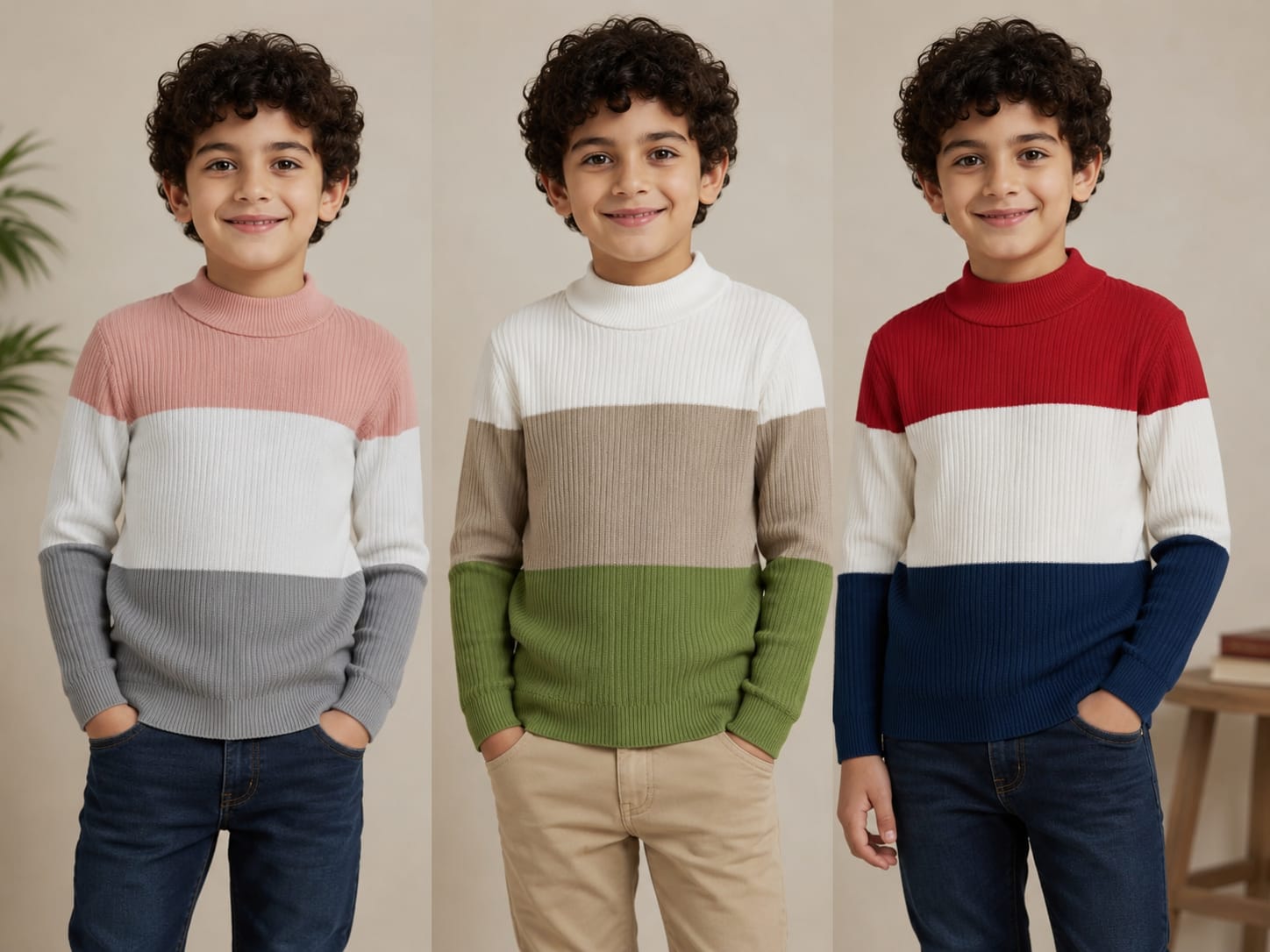 Boys Color Block Mock Neck Ribbed Knit Sweater