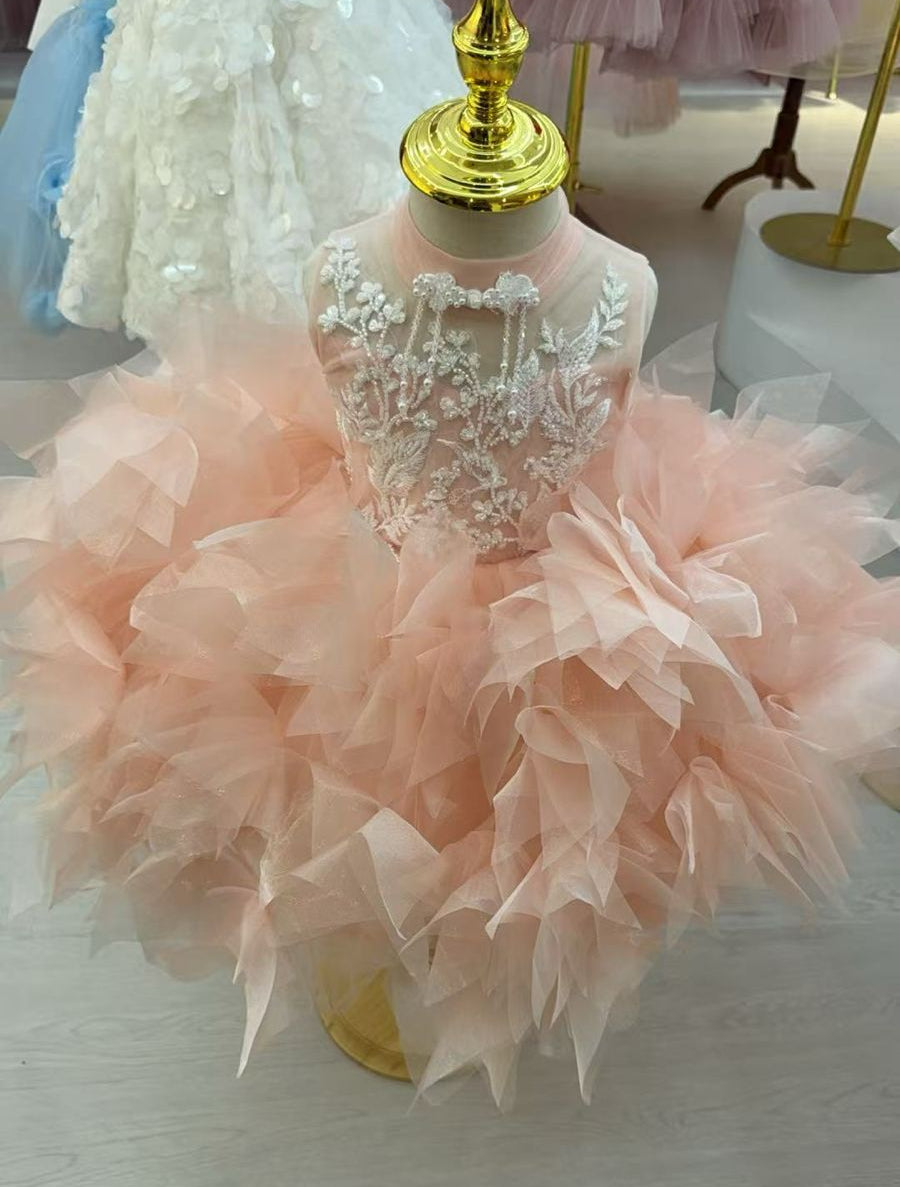 Girls Peach Floral Embroidered Tulle Ball Gown