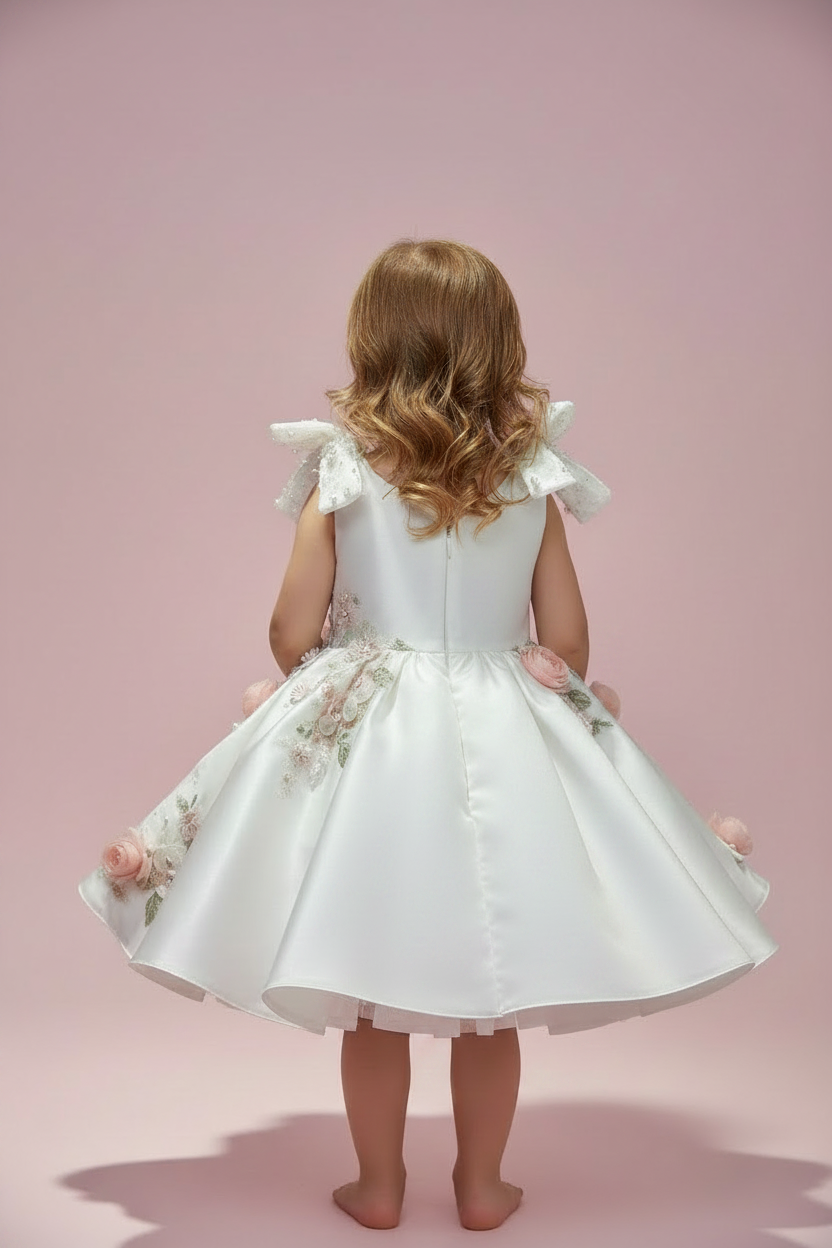 Girls Ivory Satin Ball Gown  3D Floral & Pearl Embellished Party Dress