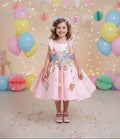 Girls Pink 3D Floral Embroidered Satin Party Dress