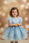 Girls Sky Blue Sequin Feather Sleeve Ball Gown