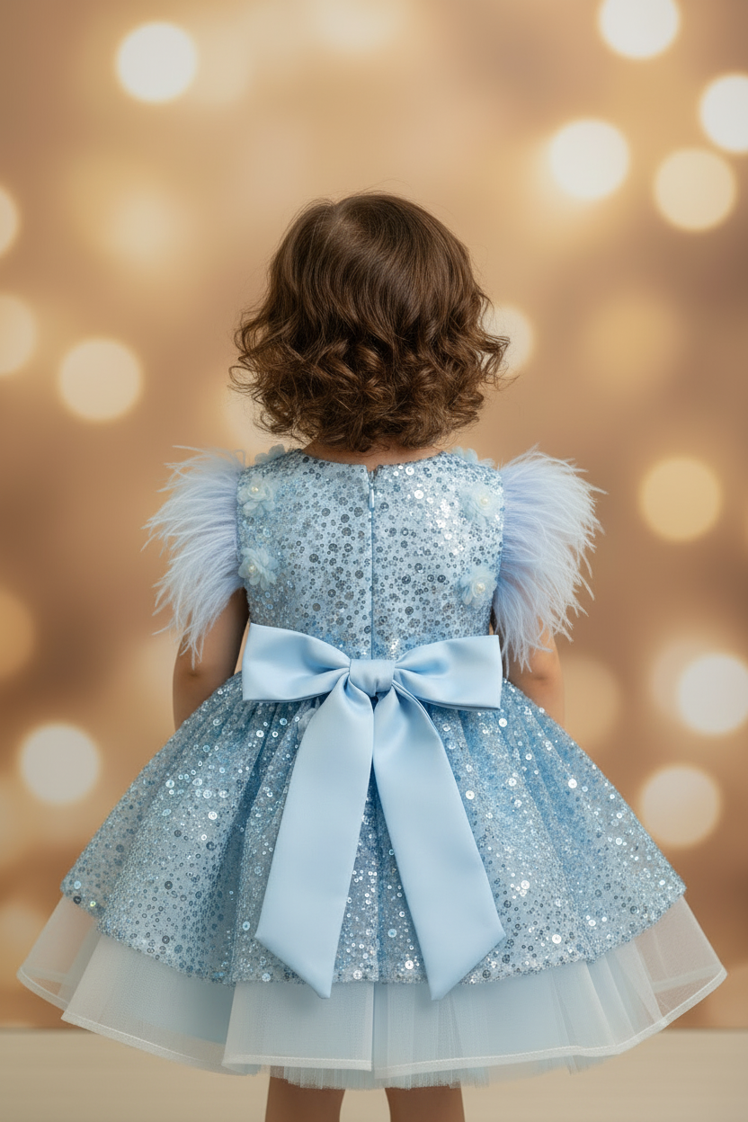 Girls Sky Blue Sequin Feather Sleeve Ball Gown