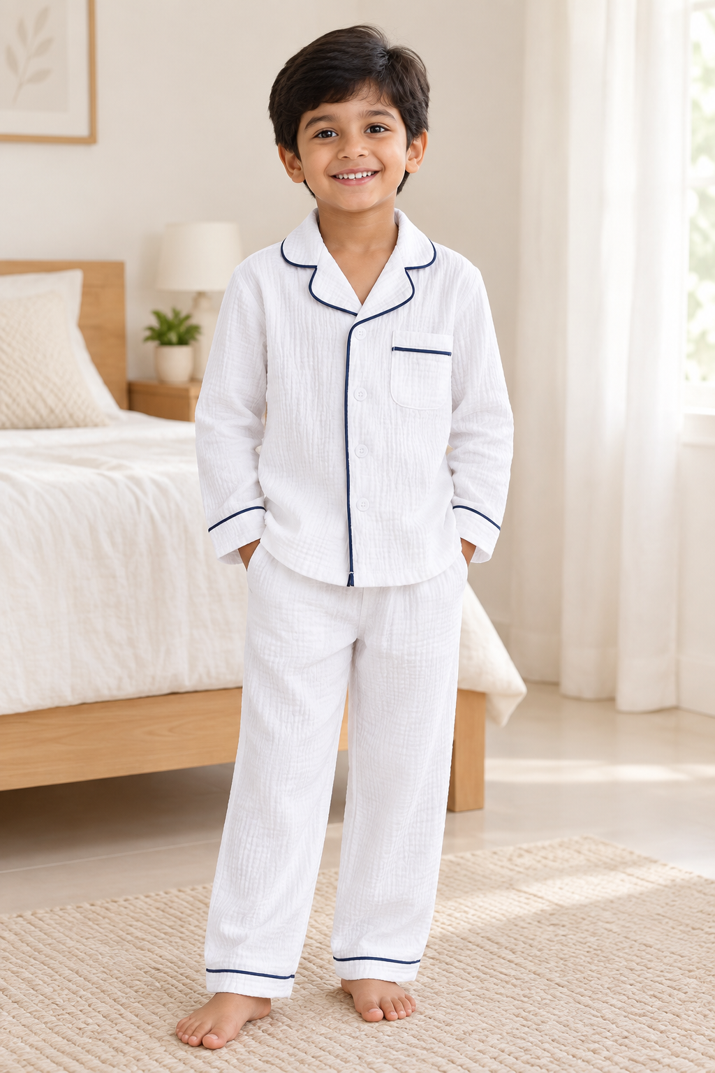 Kids' Cotton Pyjama Set – Long-Sleeve Collared Top & Pants
